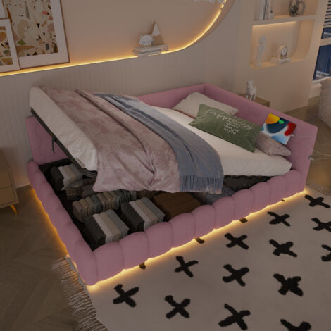 Letto contenitore 140x200 cm, divano letto con idraulico, LED, porte USB-C, con comodo tessuto pile ,rosa (senza materasso)