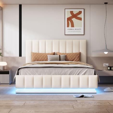 Letto contenitore 140x200 cm, letto adulto LED, letto imbottito con rete a doghe e testiera imbottita, in similpelle, bianco, senza materasso
