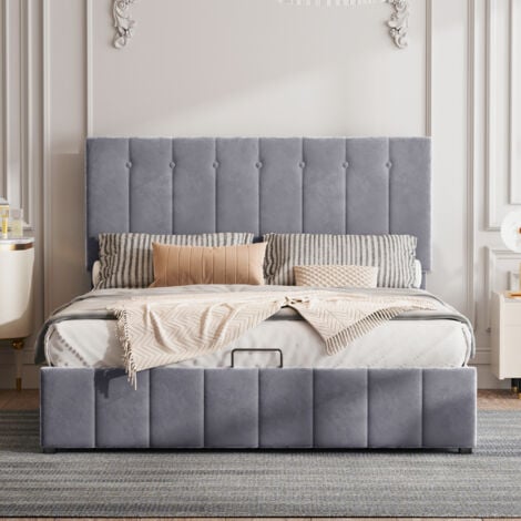 WISHDOR Letto contenitore 140x200 cm, letto adulto, letto matrimoniale imbottito con testiera regolabile, in tessuto velluto, grigio
