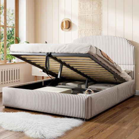 Letto contenitore 140x200 cm, letto matrimoniale imbottito con idraulico e testiera, tessuto a righe, bianco (Senza Materasso)