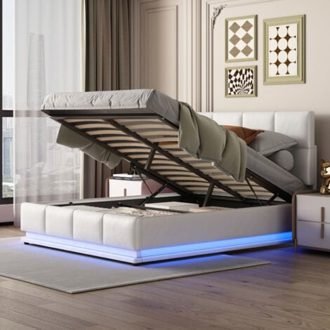 SUNFECILI Letto contenitore 140x200 cm, letto matrimoniale, letto per adulti, con rete a doghe, testiera regolabile, striscia luminosa LED regolabile, PU, Bianco