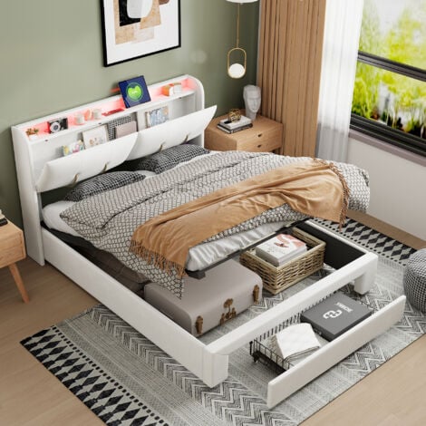 FORTUNA LAI Letto contenitore 140x200cm con cassetto in velluto - con rete a doghe e testiera LED retrattile, vano porta-caricabatterie - bianco/beige