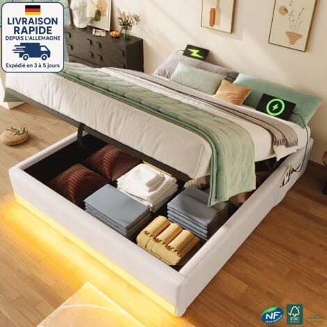 Letto contenitore 140x200cm - Letto matrimoniale imbottito 140x200 cm - lino - Striscia luminosa a LED telecomandata con porte USB e Type-C, con piccola borsa portaoggetti - Legno certificato PEFC - B