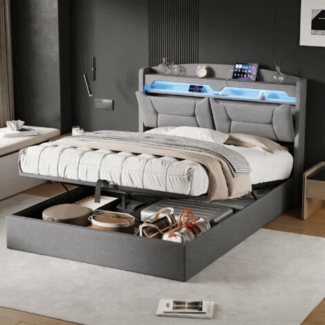 Letto contenitore 140x200,letto matrimoniale contenitore,con LED, USB, rete a doghe, tessuto di lino, grigio chiaro