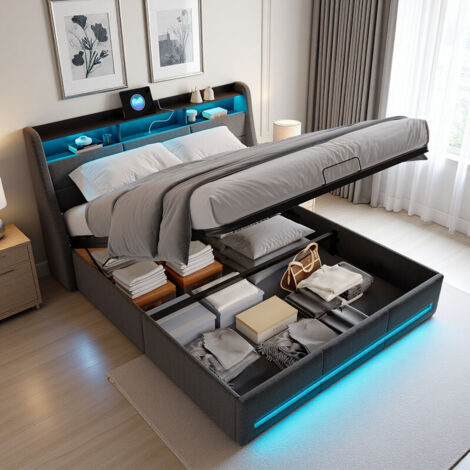 Letto contenitore 160 x 200 cm, letto matrimoniale con LED e USB, letto idraulico con contenitore, letto 160x200 con rete a doghe in legno, letto matrimoniale per adulti in lino grigio