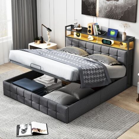 DANS LES NUAGES Letto contenitore 160x200 cm con illuminazione LED - funzione di ricarica USB - divisori contenitori - contenitore idraulico - biancheria - rete a doghe - Grigio