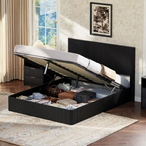 Letto contenitore 160x200 cm con testiera a motivi scanalati e sistema di sollevamento idraulico, in nero, senza materasso
