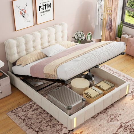 Letto contenitore 160x200 cm, letto 160x200 con rete a doghe, letto matrimoniale imbottito con leva idraulica, luci LED ai piedi del letto, velluto, Beige