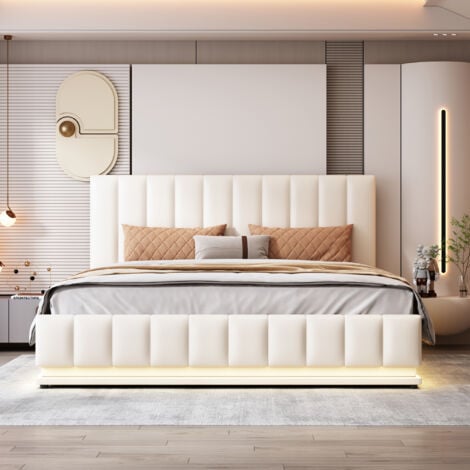 WISHDOR Letto contenitore 160x200 cm, letto adulto LED, letto imbottito con rete a doghe e testiera imbottita, in similpelle, bianco, senza materasso