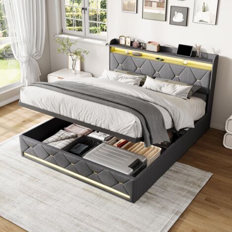 Letto contenitore 160x200 cm - Letto per adulti 160x200 con rete - Testiera con ricarica USB/C, LED RGB - Letto matrimoniale 160x200 - Lino grigio