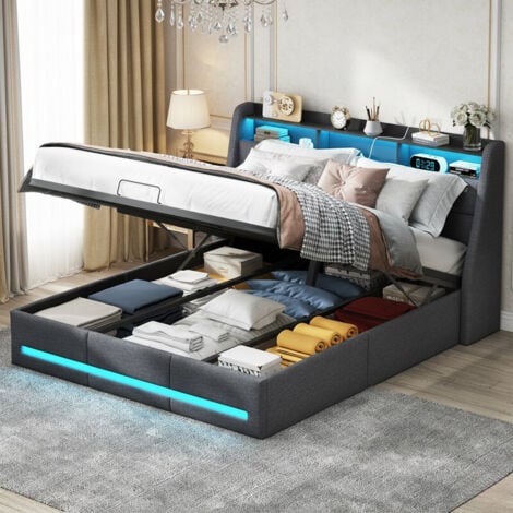 FORTUNA LAI 160x200 cm, Struttura Letto con LED RGB e Vano Salvaspazio, Testiera con Porte USB/Type-C, Letto Matrimoniale Imbottito in Tessuto Grigio