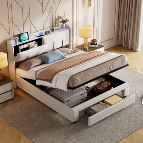 Letto contenitore 160x200 cm, testiera contenitore con porta di ricarica USB e illuminazione LED, 1 cassetto, letto matrimoniale con contenitore idraulico, rete a doghe, velluto, Beige