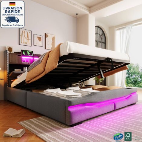 Letto contenitore 160x200cm - Letto matrimoniale imbottito 160x200 cm - lino - Striscia luminosa a LED telecomandata con porte USB-C, Spazio contenitore sul comodino - Legno certificato PEFC - Grigio
