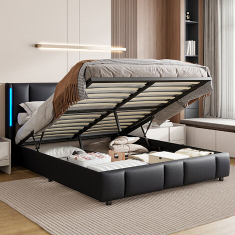 Letto contenitore 160x200,letto matrimoniale 160x200,letto matrimoniale contenitore,strutture letto sommier,con LED, con ricarica USB e Type-C,PU,nero