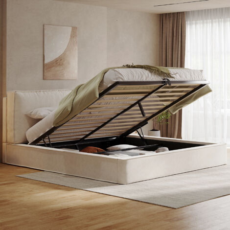 Letto Contenitore 180×200 cm, Letto Matrimoniale con Contenitore Idraulico e Testiera Imbottita, senza Materasso, in Ciniglia, Beige