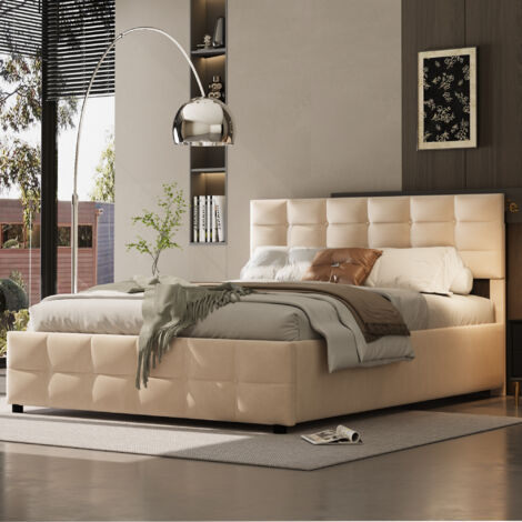 Letto Contenitore 180×200 cm, Letto Matrimoniale con Testiera Imbottita e Sollevamento Idraulico, senza Materasso, Beige