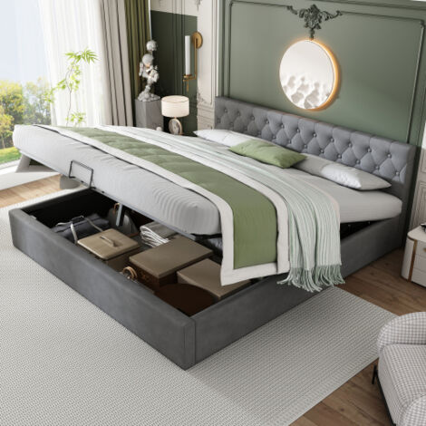 Letto contenitore 180x200 cm, letto imbottito 180x200 cm con rete a doghe, in tessuto velluto, grigio, senza materiali