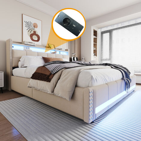 Letto Contenitore 180x200 cm Matrimoniale, Idraulico con LED e Ricarica USB, Testiera Vano, in Lino Beige (Senza Materasso)