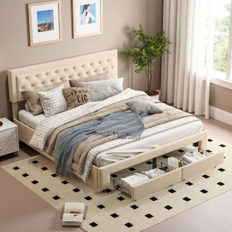 Letto contenitore 180x200 cm - tessuto in velluto - 2 cassetti - rete - letto 180x200 cm - Beige