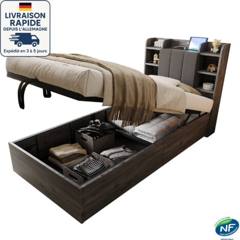 Letto contenitore 90 x 200 - Letto 90 x 200 Letto per adulti + 1 rete - Contenitore per la testiera con porte USB e prese Tape-C - Legno certificato PEFC - Grigio