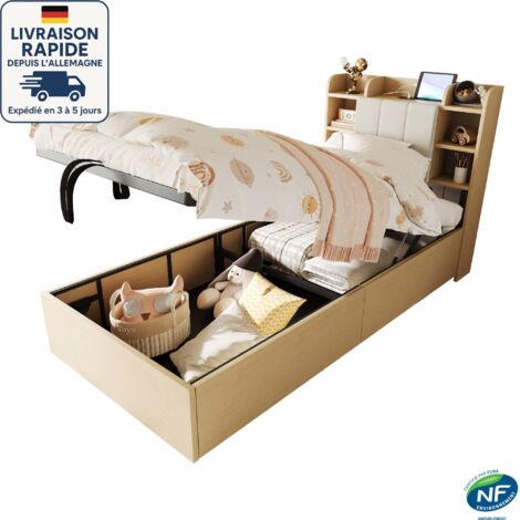 Letto contenitore 90 x 200 - Letto 90x200 Letto adulto + 1 rete - Testiera contenitore con porte USB e prese Tape-C - Legno certificato PEFC - Colore legno