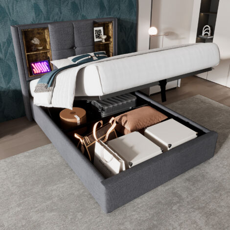Letto Contenitore 90×200 cm, Letto Singolo con Ricarica Wireless, USB, Tipo C e 4 Ripiani, senza Materasso, in Cotone, Grigio