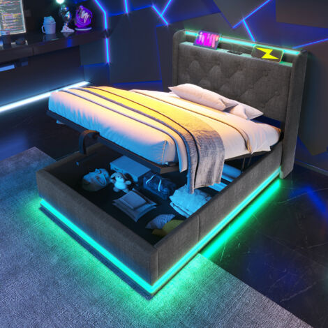 Letto Contenitore 90x200 cm con Rete a Doghe LED 360掳 in Tessuto Lino Grigio