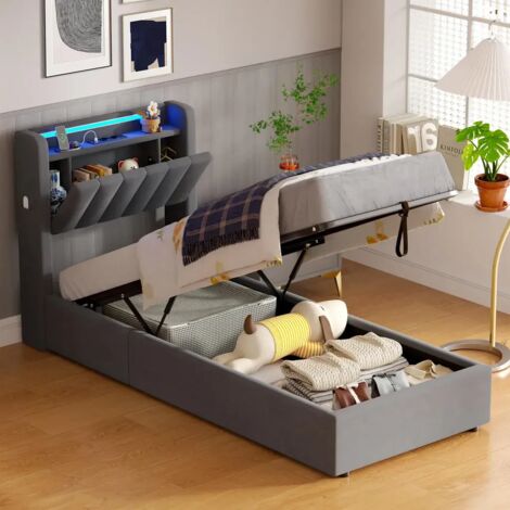Letto contenitore 90x200 cm - Letto bambino con vano e LED, boxspring con angoli arrotondati e prese - Grigio - Senza materasso