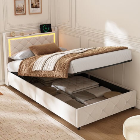 DANS LES NUAGES Letto Contenitore 90x200 cm - Letto Matrimoniale - Illuminazione LED - Funzione di Carica USB e Type-C - Tessuto in Velluto - Base a Doghe - Materasso Morbido per Adulti - Beige
