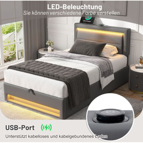 Letto contenitore 90x200 cm, letto per adulti, USB (supporta la ricarica wireless e cablata), LED, letto singolo, similpelle, materasso non incluso, grigio