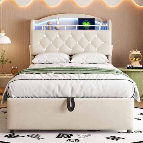 Letto contenitore 90x200cm Biancheria beige idraulica prese USB caldo letto matrimoniale per adolescenti adulti (Nessun materasso)