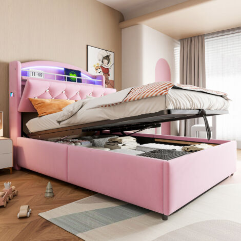 Letto contenitore 90x200cm in biancheria rosa con prese USB, funzione idraulica, e calore comodo per adolescenti(Senza materasso)