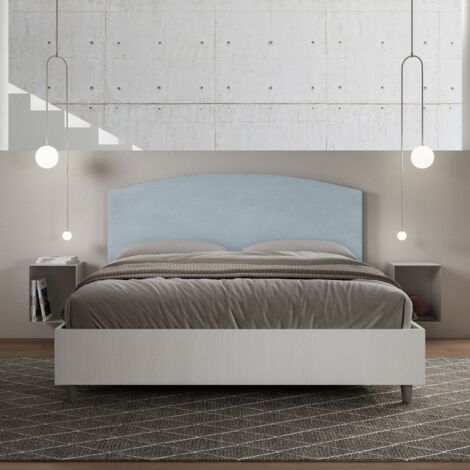 Letto contenitore da 160x190 in legno bianco e testata in microfibra azzurro Antilia