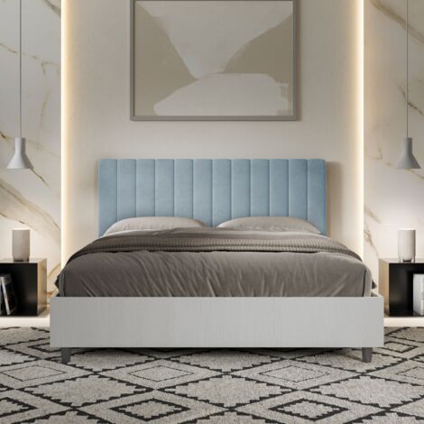 Letto contenitore da 160x190 in legno bianco e testata in microfibra azzurro Kaia