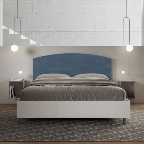 Letto contenitore da 160x190 in legno bianco e testata in microfibra blu Antilia