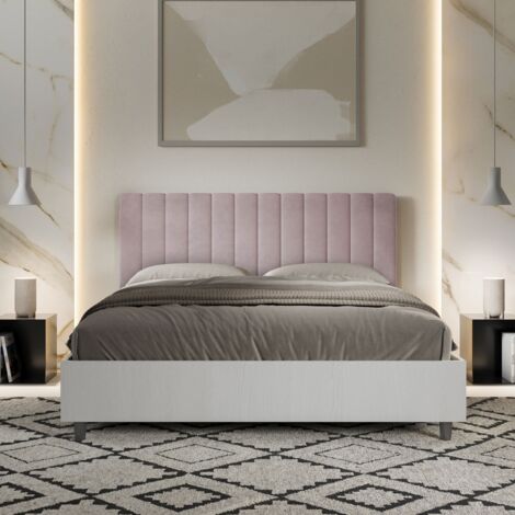Letto contenitore da 160x190 in legno bianco e testata in microfibra glicine Kaia