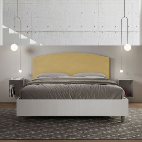 Letto contenitore da 160x190 in legno bianco e testata in microfibra ocra Antilia
