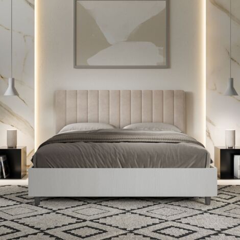 Letto contenitore da 160x190 in legno bianco e testata in microfibra sabbia Kaia