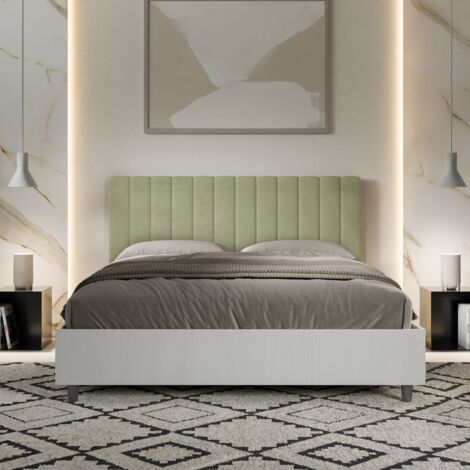 Letto contenitore da 160x190 in legno bianco e testata in microfibra te' verde Kaia