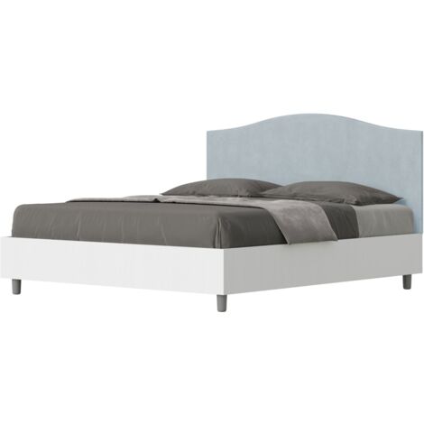 Letto contenitore da 160x200 in legno bianco e testata in microfibra azzurro Grace