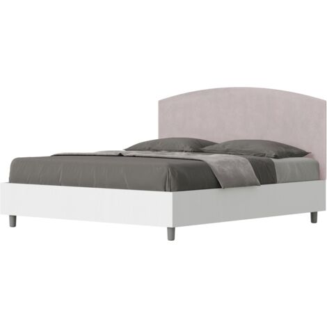 Letto contenitore da 160x200 in legno bianco e testata in microfibra glicine Antilia