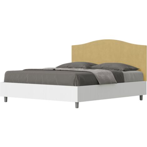 Letto contenitore da 160x200 in legno bianco e testata in microfibra ocra Grace