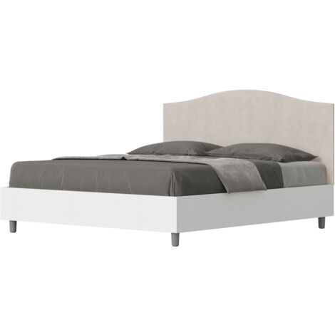 Letto contenitore da 160x200 in legno bianco e testata in microfibra sabbia Grace