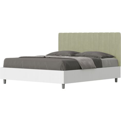 Letto contenitore da 160x200 in legno bianco e testata in microfibra te' verde Kaia