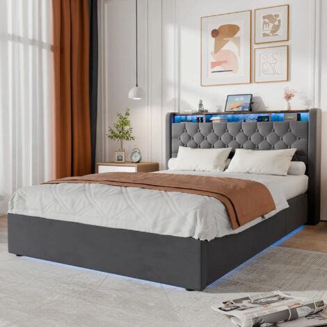 Letto contenitore imbottito 140x190 - Letto per adulti 140x190 - Illuminazione a LED con vano contenitore, presa elettrica e testiera pieghevole, velluto, struttura letto in metallo e legno, grigio sc