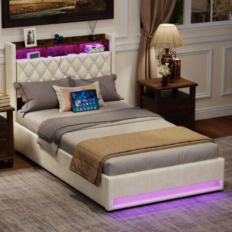 Letto contenitore imbottito 140x200 cm con luce LED, presa elettrica e porta USB, velluto, beige, senza materasso