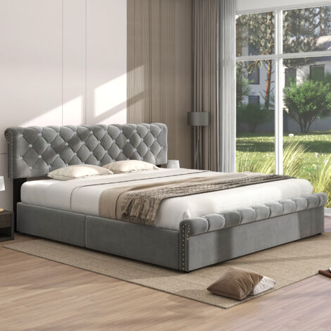 Letto contenitore imbottito 180 x 200 cm con testiera regolabile in altezza in tessuto Velvet. Grigio