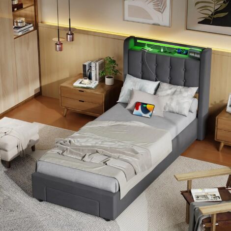 Letto contenitore imbottito 90x200 cm con 1 cassetto, porta USB e illuminazione a LED, velluto, grigio scuro, materasso non incluso.