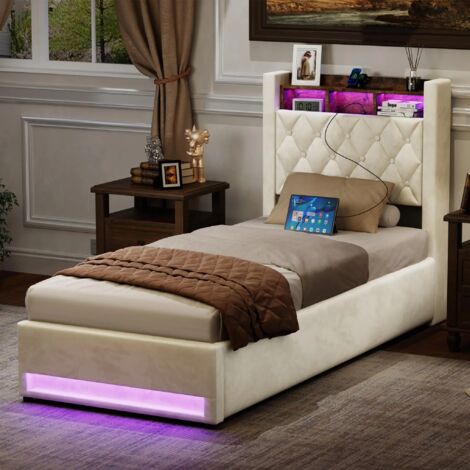Letto contenitore imbottito 90x200 cm con luce LED, presa elettrica e porta USB, velluto, beige, materasso non incluso.