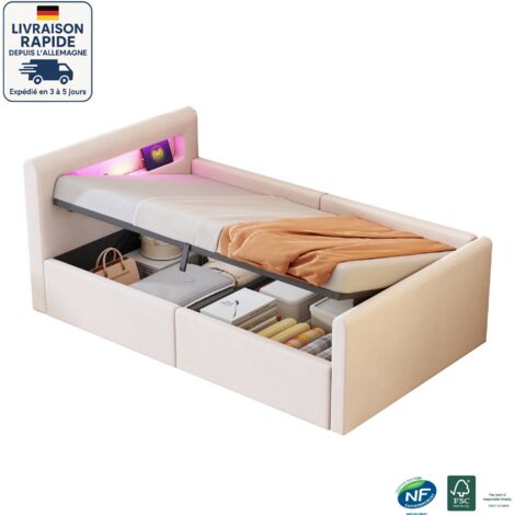 Letto contenitore imbottito in tessuto 90 x 200 cm - Letto per bambini - Con luce LED, con luce notturna e porta di ricarica USB, con ripiano - velluto di design - Legno certificato PEFC - Beige